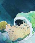  2boys absurdres bed black_hair blanket blue_eyes blush brown_hair free! green_eyes licking ma_korang male_focus multiple_boys nanase_haruka_(free!) night pillow sky starry_sky tachibana_makoto topless twitter_username under_blanket yaoi 