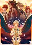  3boys alternate_costume armor artist_name brown_hair cape cherry_blossoms closed_eyes fire_emblem fire_emblem_if flower grey_hair headdress hinoka_(fire_emblem_if) long_hair looking_at_viewer male_my_unit_(fire_emblem_if) mamkute multiple_boys multiple_girls my_unit_(fire_emblem_if) petals pink_hair pointy_ears ponytail red_hair ripples ruruharuru ryouma_(fire_emblem_if) sakura_(fire_emblem_if) short_hair siblings silver_hair sky smile spiked_hair star_(sky) sunset sword takumi_(fire_emblem_if) weapon 