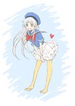  barefoot blue_background blue_hat blue_shirt bow bowtie cosplay donald_duck donald_duck_(cosplay) donald_duck_sailor_hat dress floating_heart frills green_eyes hat index komeme long_hair pantyhose red_bow red_neckwear sailor_collar sailor_dress sailor_hat shirt short_sleeves silver_hair sketch skirt smile solo to_aru_majutsu_no_index yellow_legwear 