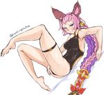  animal_ears bangs black_swimsuit blue_eyes blush bow braid breasts closed_mouth error erune esser eyeshadow granblue_fantasy hair_bow hair_ornament legs legs_up long_hair looking_away lying makeup medium_breasts niwatori_gunsou on_back one-piece_swimsuit pink_hair red_bow shadow simple_background single_braid solo sweat swimsuit taut_clothes taut_swimsuit thigh_strap twitter_username very_long_hair white_background wrong_feet 