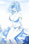  aer_(tengqiu) bikini blue breasts hair_over_one_eye highres hot large_breasts looking_at_viewer monochrome open_mouth prince_of_wales_(zhan_jian_shao_nyu) reflection rock short_hair side-tie_bikini sitting solo strap_slip sweat swimsuit water zhan_jian_shao_nyu 