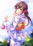  brown_hair fan flower hair_flower hair_ornament japanese_clothes kimono long_hair looking_at_viewer original outdoors paper_fan red_flower riyoha_(nekogata_spica) sash solo uchiwa water_yoyo yellow_eyes yukata 