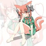  animal_ears bad_feet bad_id bad_pixiv_id bow braid cat_ears cat_tail extra_ears hair_bow heart heart_of_string jpeg_artifacts kaenbyou_rin multiple_tails one_eye_closed oniku_(shimofuri-ke) panties red_eyes red_hair red_string smile solo string tail tongue touhou underwear white_panties zoom_layer 