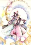  book cloak hair_ribbon hat no_nose one_eye_closed outstretched_arm outstretched_hand paper patchouli_knowledge purple_hair ribbon slippers solo touhou traditional_media tsuru watercolor_(medium) 