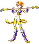  90s animal_ears animal_print armlet bottomless breath_of_fire breath_of_fire_ii bustier claws facial_mark lingerie no_panties official_art orange_eyes orange_hair polearm rinpoo_chuan short_hair simple_background solo staff standing tail tiger_print underwear weapon white_background yoshikawa_tatsuya 