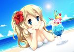  beach blonde_hair blue_eyes blue_hawaii breasts cleavage cocktail cocktail_glass cup day drinking_glass dutch_angle eyebrows flower food hair_flower hair_ornament head_rest hibiscus ice_cream ice_cream_float k-on! kotobuki_tsumugi lens_flare long_hair medium_breasts ocean solo suzui_narumi tropical_drink 