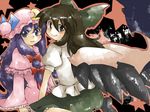  bad_id bad_pixiv_id black_eyes black_hair blush bow capelet hair_bow hammer_(sunset_beach) hat long_hair looking_back multiple_girls patchouli_knowledge purple_eyes purple_hair reiuji_utsuho sitting smile touhou wide-eyed wings 