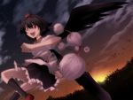  :d bad_id bad_pixiv_id black_hair black_wings flying hat looking_at_viewer open_mouth pom_pom_(clothes) red_eyes s-syogo shameimaru_aya short_hair smile solo sunset tokin_hat touhou wings 