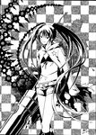  absurdres bad_id bad_pixiv_id belt bikini_top black_rock_shooter black_rock_shooter_(character) boots checkered checkered_background coat greyscale heting highres huge_weapon knee_boots long_hair monochrome navel scar shorts solo star twintails very_long_hair weapon 