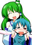  azumi_haruhito bad_id bad_pixiv_id blush cheek_pinching closed_eyes heterochromia kochiya_sanae multiple_girls pinching simple_background smile tatara_kogasa tears touhou 