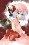  bad_id bad_pixiv_id bat bat_wings bow brooch dress hammer_(sunset_beach) hat jewelry purple_hair red_eyes remilia_scarlet short_hair smile solo touhou wings 
