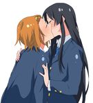  akiyama_mio bad_id bad_pixiv_id black_hair blazer brown_hair closed_eyes couple hairband jacket k-on! kiss long_hair miyo_(aenmix) multiple_girls ribbon school_uniform short_hair simple_background tainaka_ritsu yuri 