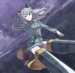  animal_ears blue_eyes eila_ilmatar_juutilainen flying jack_hamster military military_uniform pantyhose silver_hair solo strike_witches striker_unit tail uniform white_legwear world_witches_series 