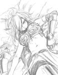  armor breasts erza_knightwalker fairy_tail greyscale hair_over_one_eye large_breasts long_hair lying mashima_hiro midriff monochrome navel on_back sketch solo 