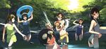  arms_up bad_id bad_pixiv_id bikini black_hair brown_hair closed_eyes forest goggles innertube lake multiple_girls nakaizumi_tatsuya nature one-piece_swimsuit original ponytail scenery school_swimsuit short_hair swimsuit twintails water water_gun waterfall 