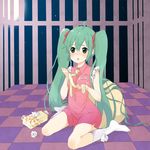  ahoge bean_bag_chair blush checkered checkered_floor dress green_eyes green_hair hatsune_miku long_hair necktie perspective ree_(reina) sitting socks solo tissue tissue_box twintails very_long_hair vocaloid wariza 