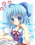  :&lt; ? bad_id bad_pixiv_id blue_eyes blue_hair bow cirno colored_eyelashes eyelashes frown hair_bow math momomiya_mion neck_ribbon pencil ribbon short_hair solo sweat touhou wings 