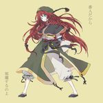  adapted_costume belt braid capelet green_eyes hat hong_meiling kintaro long_hair no_nose pants red_hair shoes smile solo star touhou translated tri_braids very_long_hair 