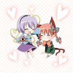  :3 ^_^ animal_ears bad_id bad_pixiv_id blush bow braid cat_ears cat_tail chibi closed_eyes extra_ears hair_bow happy heart kaenbyou_rin komeiji_satori lavender_hair multiple_girls multiple_tails oniku_(shimofuri-ke) petting polka_dot polka_dot_background red_hair tail touhou twin_braids 