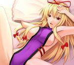  arm_up armpits blonde_hair bow breasts china_dress chinese_clothes dress hair_bow hair_ribbon large_breasts long_hair lying naked_tabard no_hat no_headwear on_back open_mouth pillow red_eyes ribbon shuugetsu_karasu sideboob smile solo spread_legs tabard touhou yakumo_yukari 