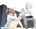  1girl accelerator ahoge barefoot blush_stickers brown_hair can choker couch cup dress earphones last_order mug panties polka_dot red_eyes short_hair to_aru_kagaku_no_railgun to_aru_majutsu_no_index underwear white_hair yuizaki_kazuya 