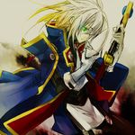  blazblue blonde_hair glowing glowing_eyes hakumen jin_kisaragi maka_(morphine) male_focus mask multicolored_hair solo spoilers sword uniform weapon white_hair yukianesa 