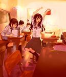  2girls \o/ arms_up brown_hair chin_rest classroom derivative_work glasses indoors long_hair multiple_boys multiple_girls open_mouth original outstretched_arms peeking photo-referenced school_uniform sepia short_hair sitting skirt stretch sunlight tsukino_hp window 