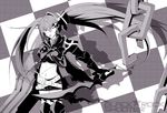  belt black_rock_shooter black_rock_shooter_(character) boots burning_eye chain checkered checkered_background coat cross greyscale highres huge_weapon knee_boots long_hair monochrome navel open_mouth priichu scar shadow shorts solo star sword twintails weapon 