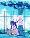  amezawa_koma bad_id bad_pixiv_id blue_eyes blue_hair blush dog hatsune_miku highres leaf long_hair parasol solo squatting tree twintails umbrella very_long_hair vocaloid 