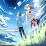  1girl cloud couple day flower grass hair_flower hair_ornament happy hetero holding_hands kazuharu_kina original sky 