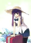  arm_support bad_id bad_pixiv_id bangs black_legwear blue_eyes blunt_bangs blush bow bowtie floral_background flower hair_flip hat leaning long_hair open_mouth purple_hair sakura_sora skirt smile solo straw_hat suitcase thighhighs working!! yamada_aoi zettai_ryouiki 