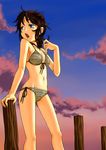  bad_id bad_pixiv_id bikini blue_eyes brown_hair cloud front-tie_top highres original short_hair side-tie_bikini solo striped striped_bikini swimsuit yawning yunsuke 