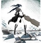  arm_cannon assist21st belt bikini_top black_rock_shooter black_rock_shooter_(character) blue_eyes boots burning_eye checkered checkered_background checkered_floor coat huge_weapon knee_boots long_hair monochrome navel perspective scar shorts sketch solo spot_color twintails weapon 