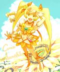  aqua_background bad_id bad_pixiv_id blonde_hair boots bow character_name choker cure_sunshine flower hair_ribbon happy heart heartcatch_precure! highres knee_boots long_hair magical_girl midriff myoudouin_itsuki navel orange_bow orange_choker orange_skirt potpourri_(heartcatch_precure!) precure ribbon skirt sunflower twintails wrist_cuffs yapo_(mess) yellow yellow_bow yellow_eyes 