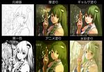  anime_coloring broom chart coloring_practice comparison detached_sleeves face frog green_hair hair_ornament highres kochiya_sanae partially_colored shirabi smile touhou translated upper_body yellow_eyes 