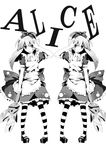  alice_(wonderland) alice_in_wonderland dual_persona greyscale highres mizumiyako monochrome multiple_girls striped striped_legwear thighhighs 