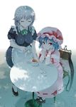  bat_wings blue_hair braid chin_rest closed_eyes fang hat izayoi_sakuya looking_at_viewer maid maid_headdress mary_janes multiple_girls pouring red_eyes remilia_scarlet shade shirota_dai shoes short_hair silver_hair sitting smile table tea touhou twin_braids wings 