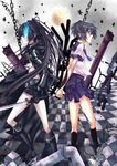  :&lt; absurdres arms_behind_back back-to-back bad_id bad_pixiv_id belt bikini_top black_hair black_rock_shooter black_rock_shooter_(character) blue_eyes boots burning_eye chain checkered checkered_floor coat gloves highres knee_boots kneepits kuroi_mato long_hair multiple_girls naridon perspective scar school_uniform serafuku shadow short_hair short_twintails shorts skirt star sword twintails very_long_hair weapon 