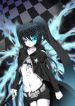  bikini_top black_hair black_rock_shooter black_rock_shooter_(character) blue_eyes blue_fire checkered checkered_floor coat fire highres long_hair pale_skin perspective ruruta scar shorts solo sword twintails weapon 