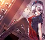  bad_id bad_pixiv_id blue_eyes breasts dutch_angle hat legs long_hair looking_at_viewer medium_breasts nurse nurse_cap pantyhose seductive_smile silver_hair smile solo takemori_shintarou thighband_pantyhose touhou yagokoro_eirin 