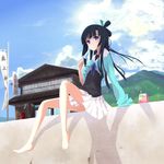  bad_id bad_pixiv_id banner barefoot black_hair blue_eyes cloud day food hair_ribbon house japanese_cylindrical_postbox juice_box lens_flare mokkei mole mole_under_eye mountain nobori ookami-san popsicle postbox_(outgoing_mail) ribbon ryuuguu_otohime school_uniform serafuku sitting skirt sky solo twintails wind_chime 