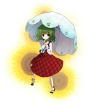  :3 ascot flower from_above green_hair kazami_yuuka kintaro looking_up mary_janes parasol plaid plaid_skirt plaid_vest red_eyes shoes skirt skirt_set smile solo sunflower touhou umbrella vest younger 