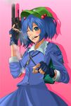  backpack bad_id bad_pixiv_id bag blue_eyes blue_hair bullet casing_ejection fingerless_gloves gloves gun hair_bobbles hair_ornament handgun hat highres jaguji_(jaguzzi) kawashiro_nitori key mouth_hold one_eye_closed revolver shell_casing short_hair smoke solo touhou twintails two_side_up weapon 