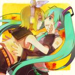  blonde_hair detached_sleeves eye_contact green_eyes green_hair hair_ornament hair_ribbon hairclip hatsune_miku headset kagamine_rin long_hair looking_at_another multiple_girls necktie ribbon short_hair skirt takishima_asaka very_long_hair vocaloid yuri 