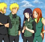  2girls blonde_hair blue_eyes blue_sky charu-san cloud cloudy_sky couple day family flak_jacket hetero hyuuga_hinata long_hair multiple_boys multiple_girls namikaze_minato naruto_(series) naruto_shippuuden ninja no_pupils outdoors purple_hair red_hair sky time_paradox uzumaki_kushina uzumaki_naruto whisker_markings 