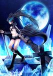  absurdres arm_cannon belt bikini_top black_hair black_rock_shooter black_rock_shooter_(character) blue_eyes boots burning_eye coat greave_(asterism) highres long_hair midriff moon navel pale_skin scar shorts solo sword twintails weapon 