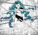  absurdres akiakane aqua aqua_eyes aqua_hair barefoot hatsune_miku highres legs long_hair md5_mismatch monochrome navel panties skirt solo spot_color twintails underwear very_long_hair vocaloid 