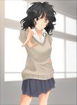  amagami black_eyes black_hair face grey_skirt hand_on_hip kibito_high_school_uniform kishida-shiki long_sleeves messy_hair one_eye_closed pleated_skirt pointing school_uniform skirt solo tanamachi_kaoru 