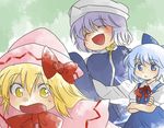  :&lt; :d ^_^ bad_id bad_pixiv_id blonde_hair blue_eyes blue_hair bow cirno closed_eyes crossed_arms hammer_(sunset_beach) hat letty_whiterock lily_white multiple_girls open_mouth purple_hair short_hair smile touhou yellow_eyes 