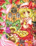  acrylic_paint_(medium) ascot bad_id bad_pixiv_id blonde_hair blush bow candle cherry chocolate clock flandre_scarlet flower food fruit hammer_(sunset_beach) hat marker_(medium) purple_flower purple_rose red_eyes red_flower red_rose ribbon rose short_hair side_ponytail solo strawberry touhou traditional_media wings 